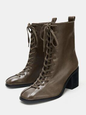 NWT ZARA Taupe Leather Lace-Up Mid-Calf Heeled Boots Sz 38 / 7.5